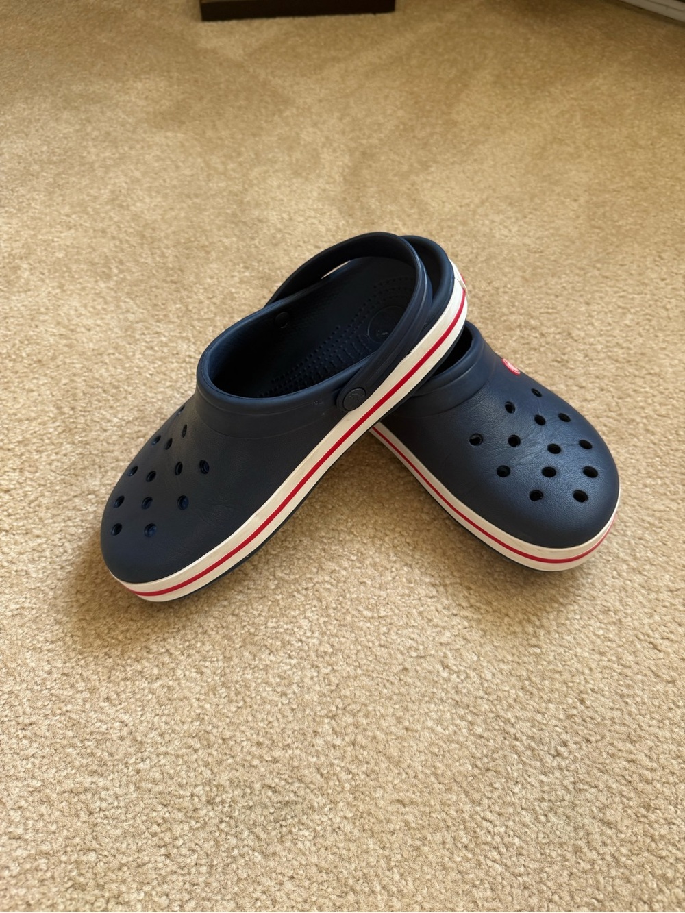 CROCS Navy Clogs with White and Red Stripe Trim